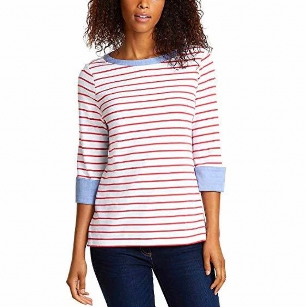 Nautica Striped Chambray Trim Red White Top Red 3/4 Sleeve‎ Cotton Medium